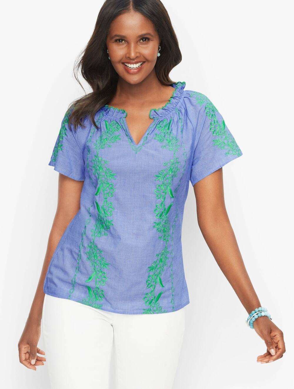 Talbots Women's Medium 100% Cotton Chambray Blue Green Floral Embroidery S/S Top